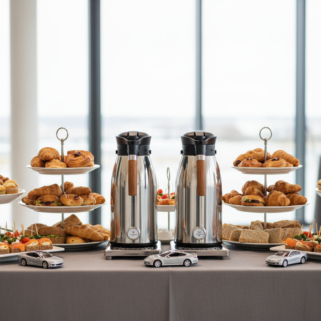 طاولة تموين بقهوة مختصة ومأكولات خفيفة