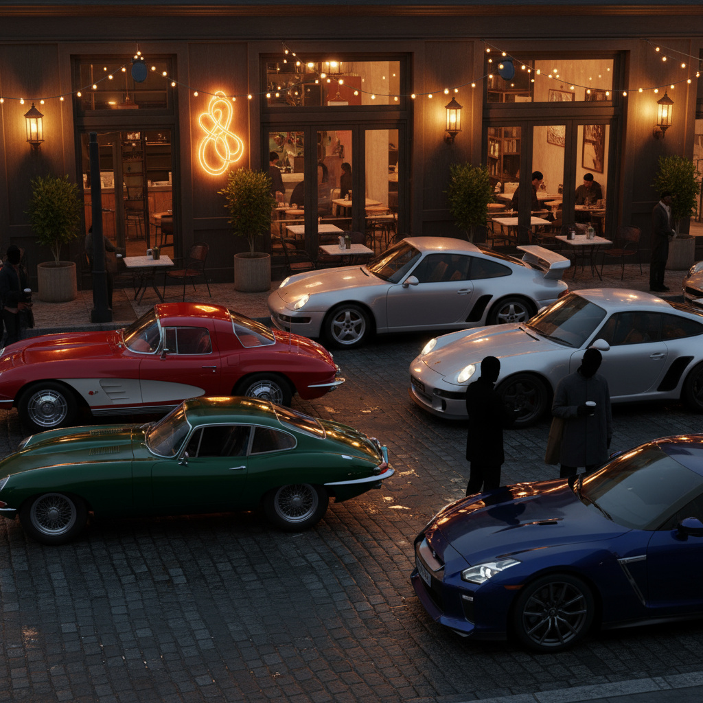 لقاء سيارات مسائي أمام مقهى