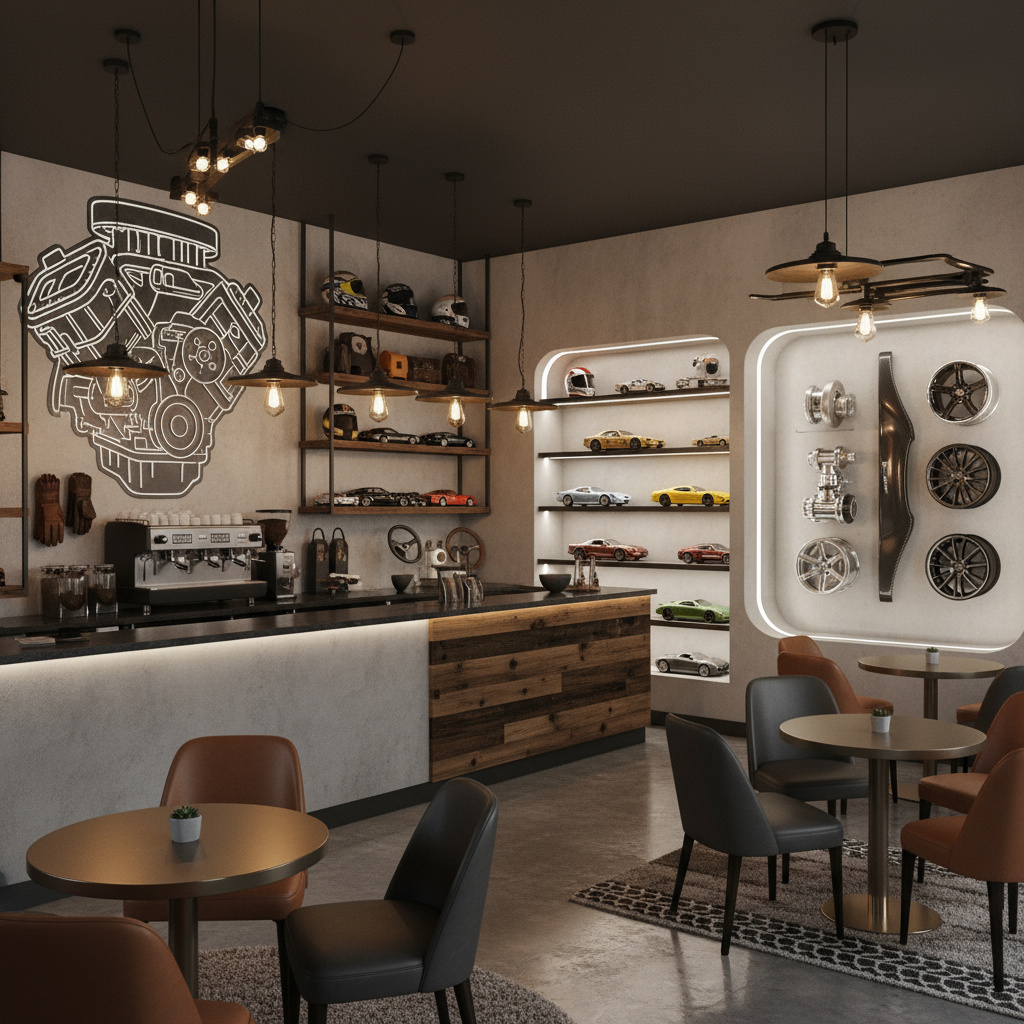 ديكور داخلي لمقهى بلمسات سيارات وبار قهوة مختصة